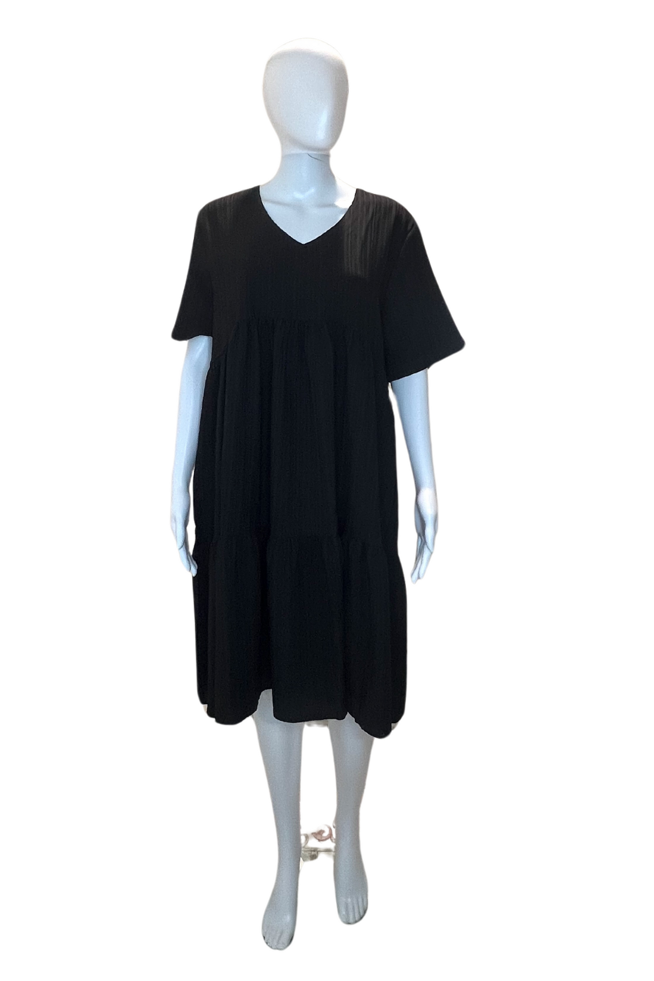 Black Short Sleeve Midi Length Tiered Ruffle Dress, Black Dress, Boho Dress