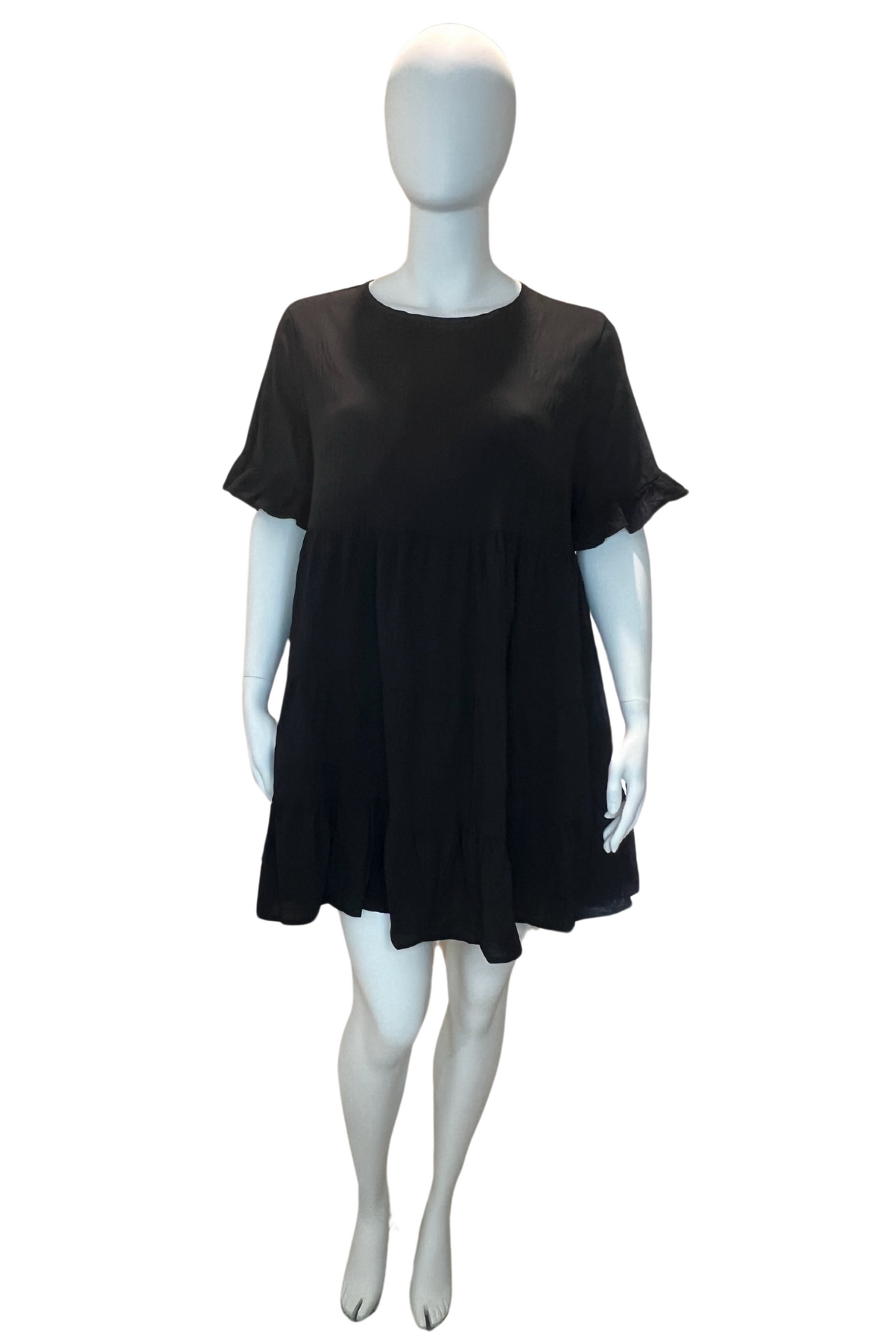 Black Short Sleeve Midi Length Tiered Ruffle Dress, Plus Size Dress, Boho Dress