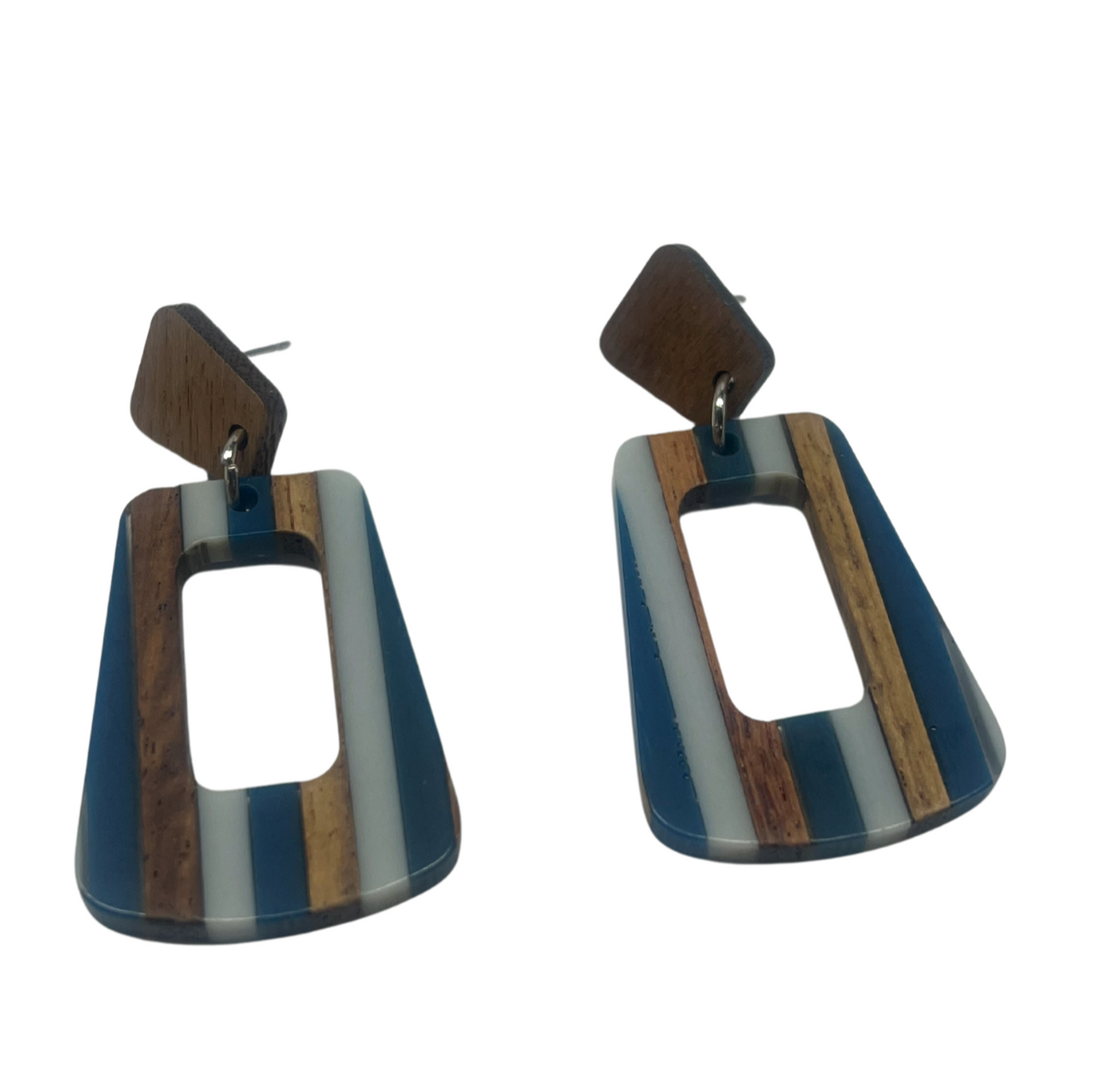 Denim Stripe Wood & Resin Stud Dangle Earrings