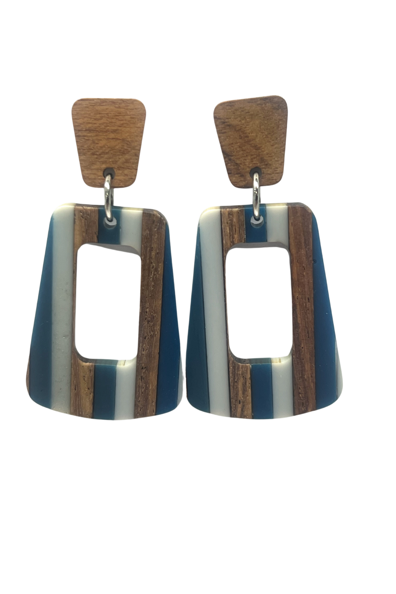 Denim Stripe Wood & Resin Stud Dangle Earrings