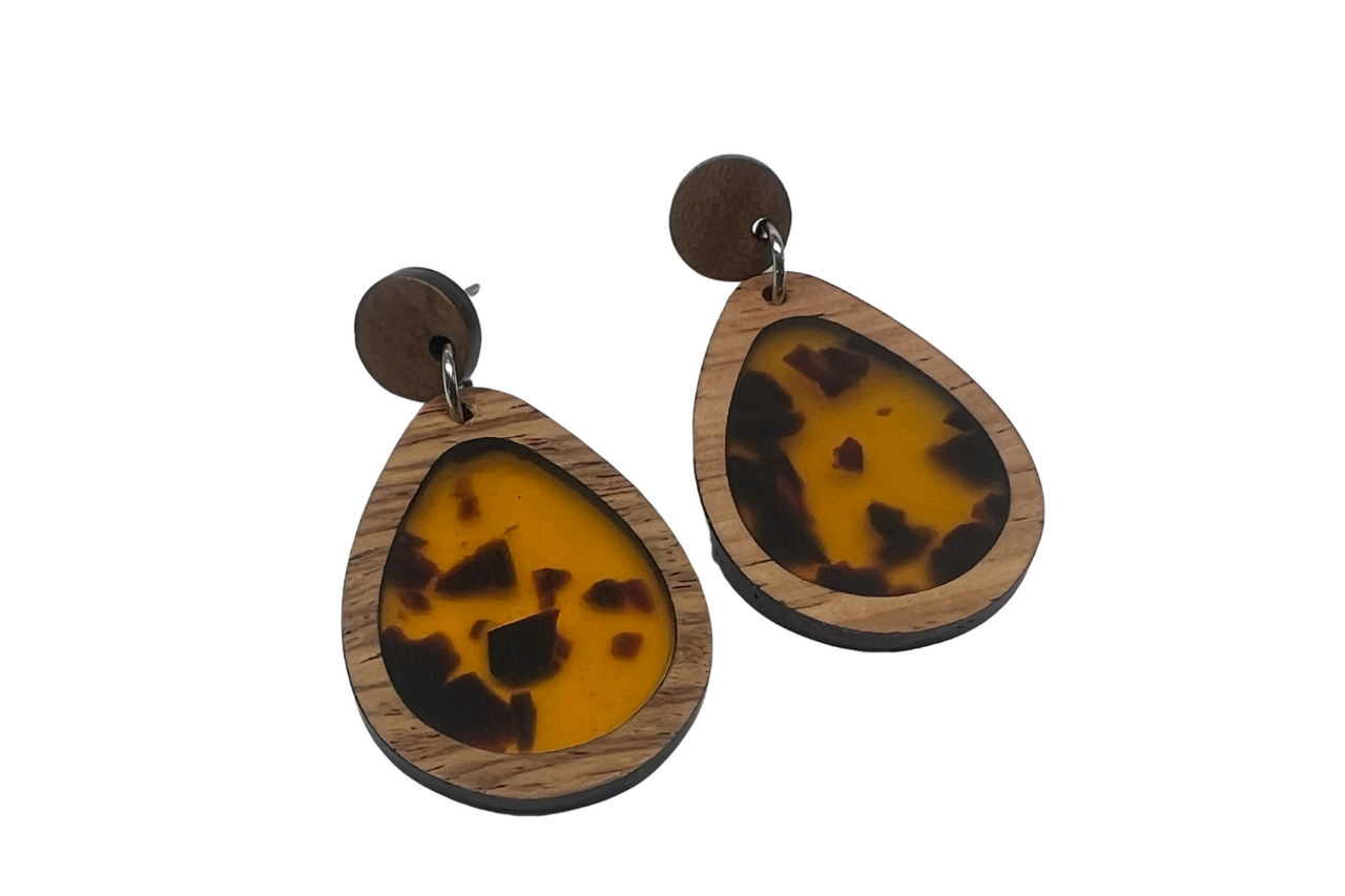 Amber and Black Wood & Resin Stud Dangle Earrings Statement Earrings Animal Print