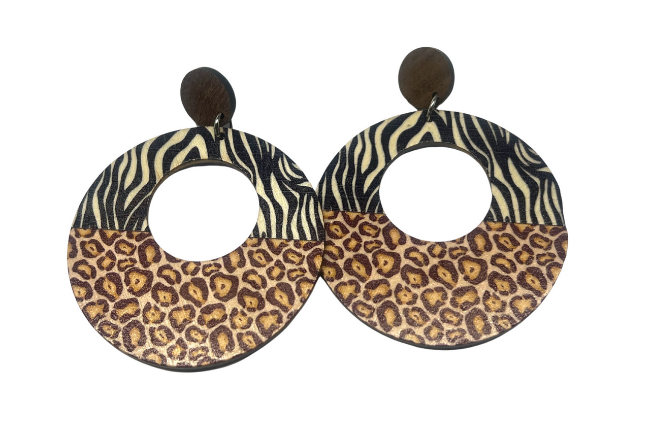 Leopard Print, Animal Zebra Print Wood Stud Dangle Earrings Fashion Earrings Statement Earrings