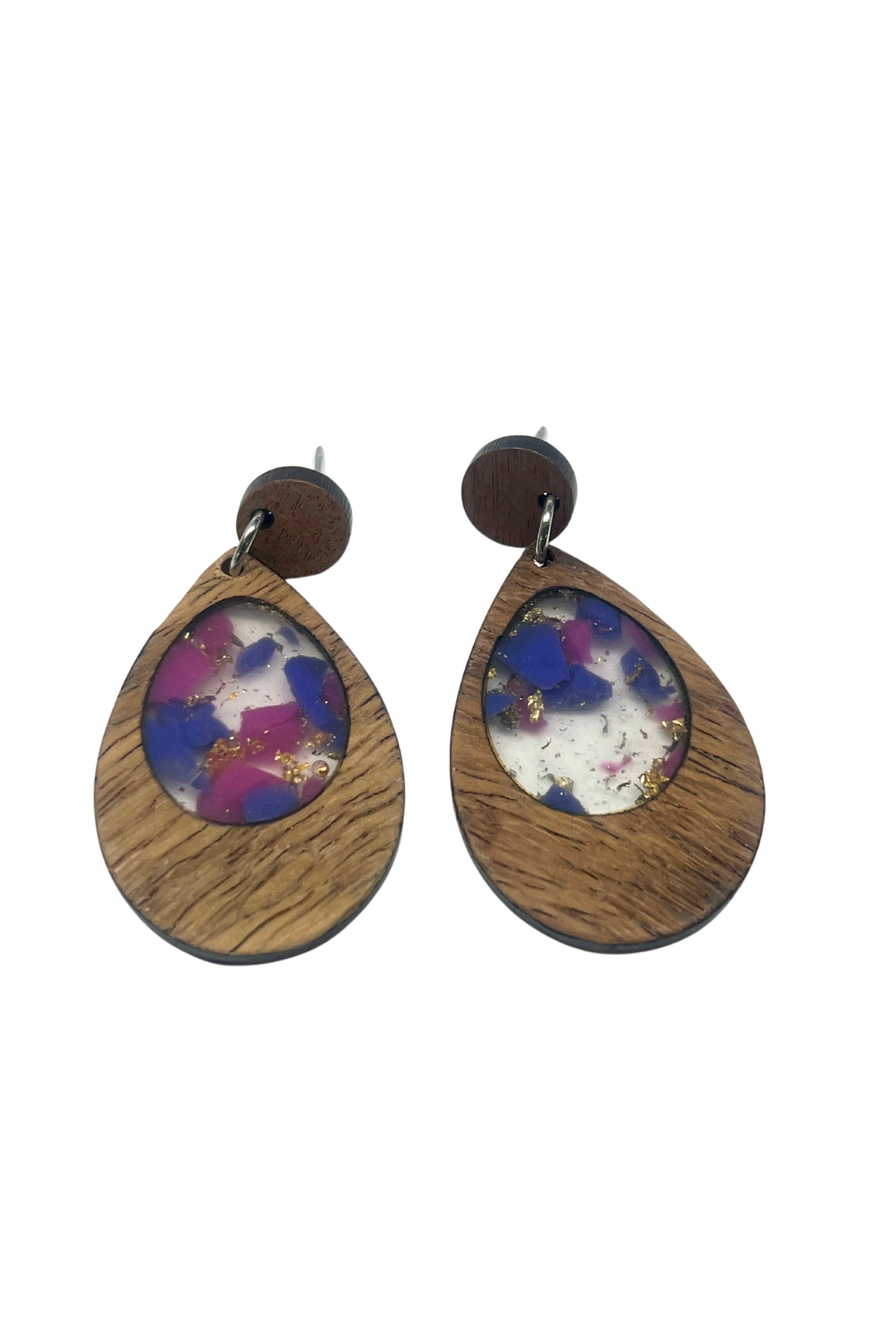 Purple & Pink Resin & Wood Stud Dangle Earrings Statement Earrings Fashion Earrings