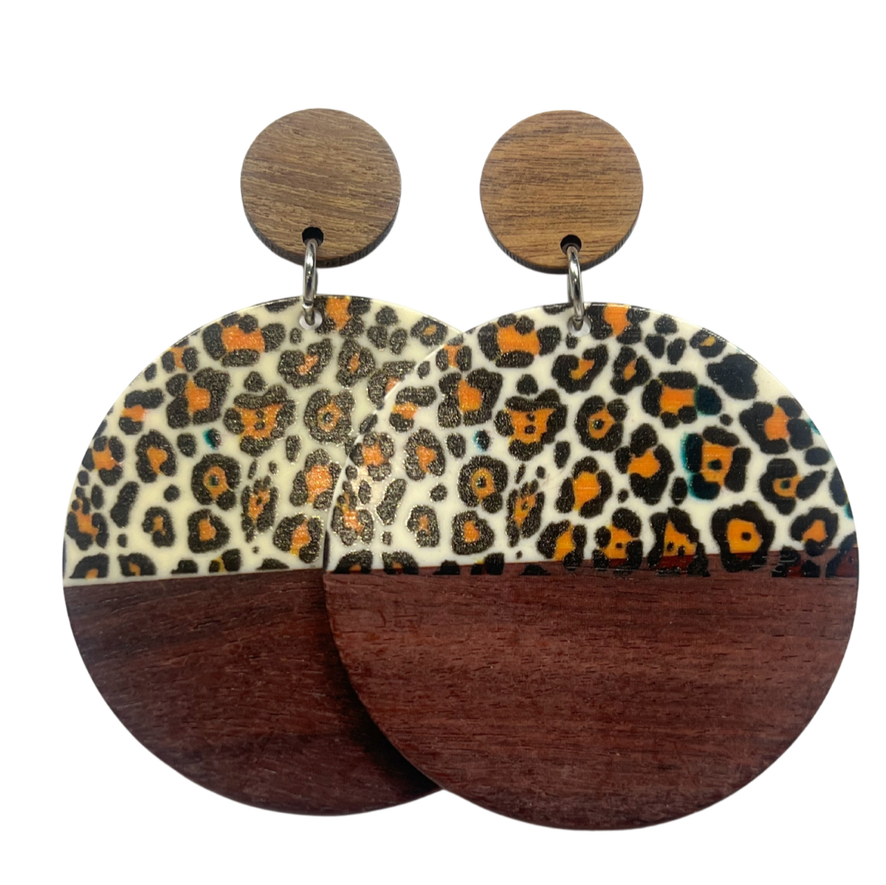 Leopard Print, Animal Print Wood & Resin Stud Dangle Earrings Fashion Earrings Statement Earrings