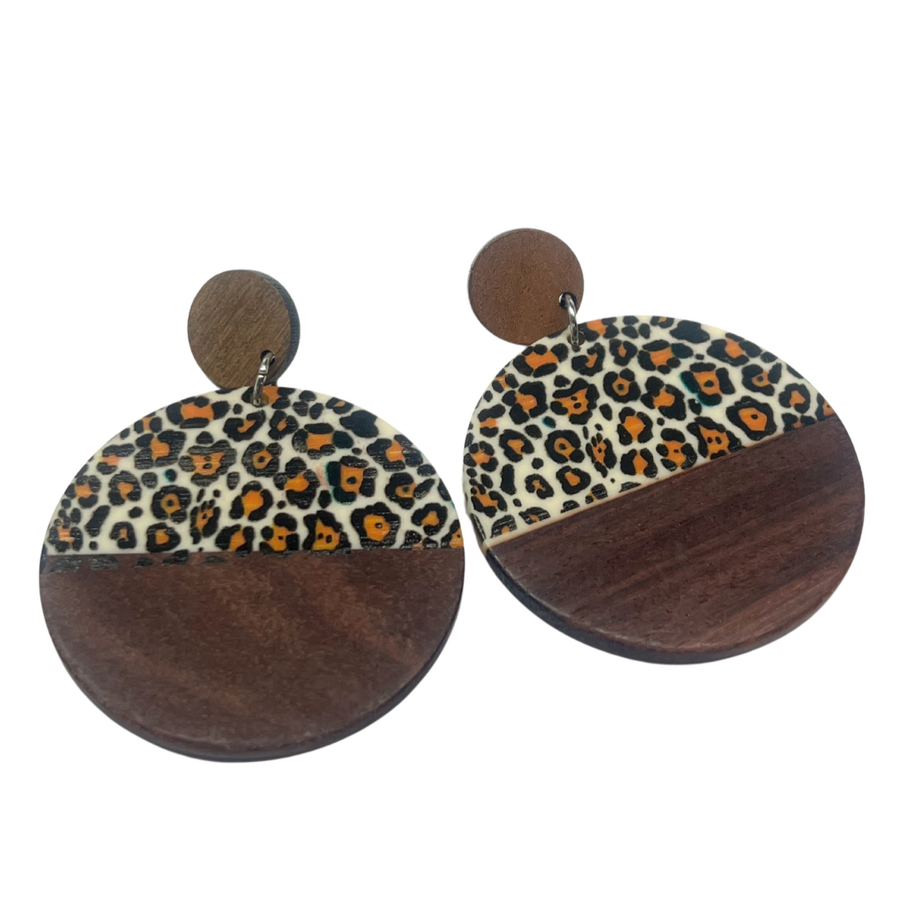 Leopard Print, Animal Print Wood & Resin Stud Dangle Earrings Fashion Earrings Statement Earrings