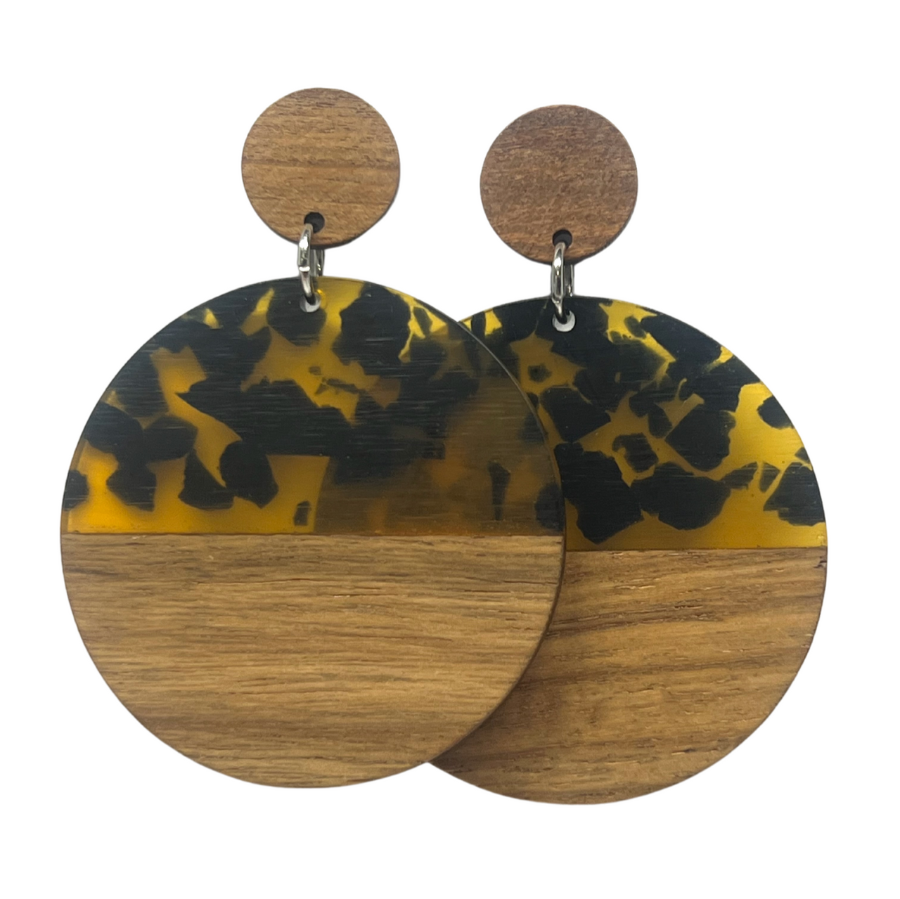 Amber and Black Wood & Resin Stud Dangle Earrings