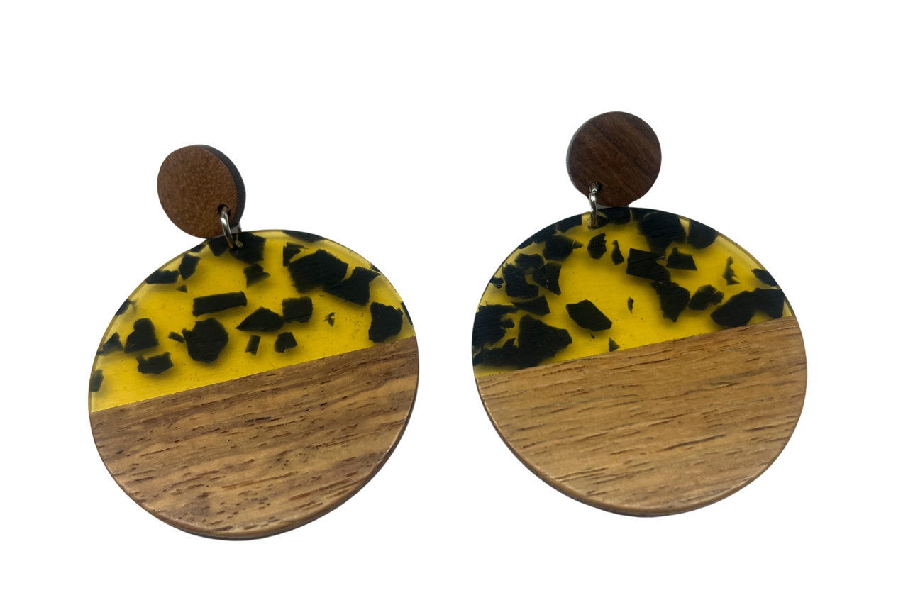 Amber and Black Wood & Resin Stud Dangle Earrings