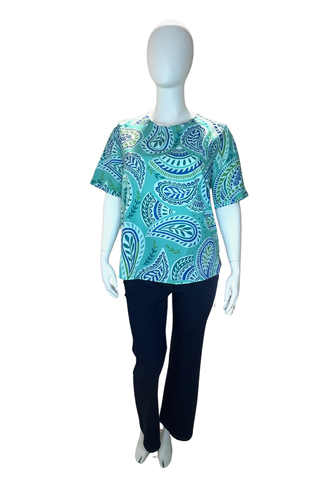 Women's Green Paisley Crew Neck Top, T-Shirt. Casual Short Sleeve Top, Plus Size Top  Women's Plus Size Top