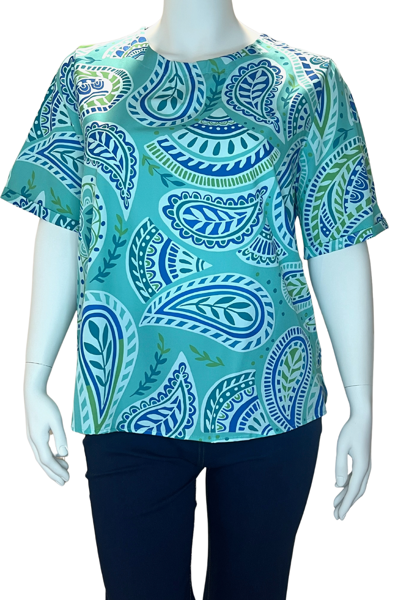 Women's Green Paisley Crew Neck Top, T-Shirt. Casual Short Sleeve Top, Plus Size Top  Women's Plus Size Top