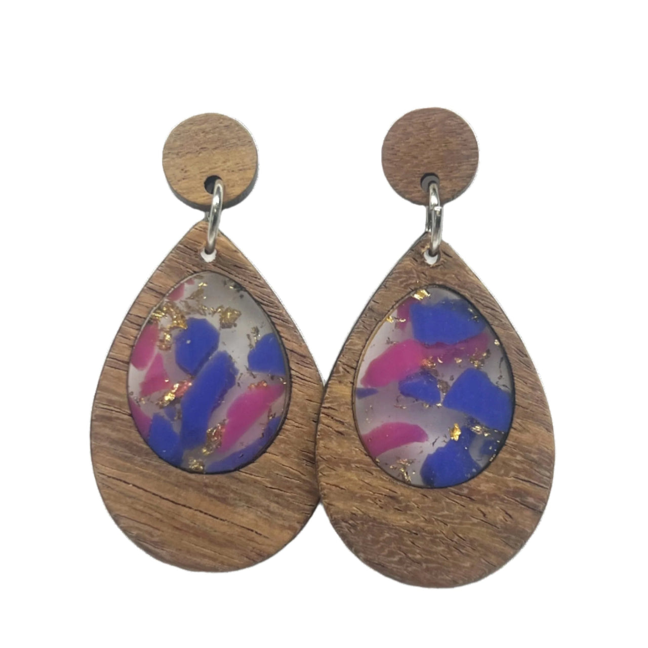 Purple & Pink Resin & Wood Stud Dangle Earrings Statement Earrings Fashion Earrings