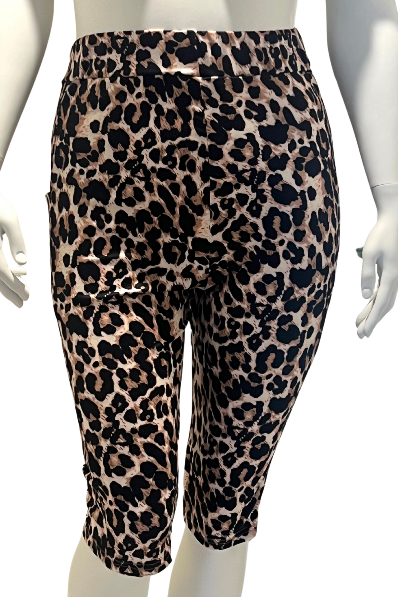 Plus Size Sporty Pants, Women's Plus Leopard Print High Rise Skinny Capri Pants With Phone Pockets Leopard Print