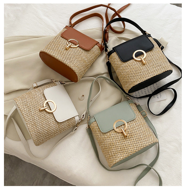 Women's Medium Straw Colour Block Basic Vacation Round Lock Clasp Shoulder Bag Crossbody Bag Straw Bag White Black Brown Green Tan