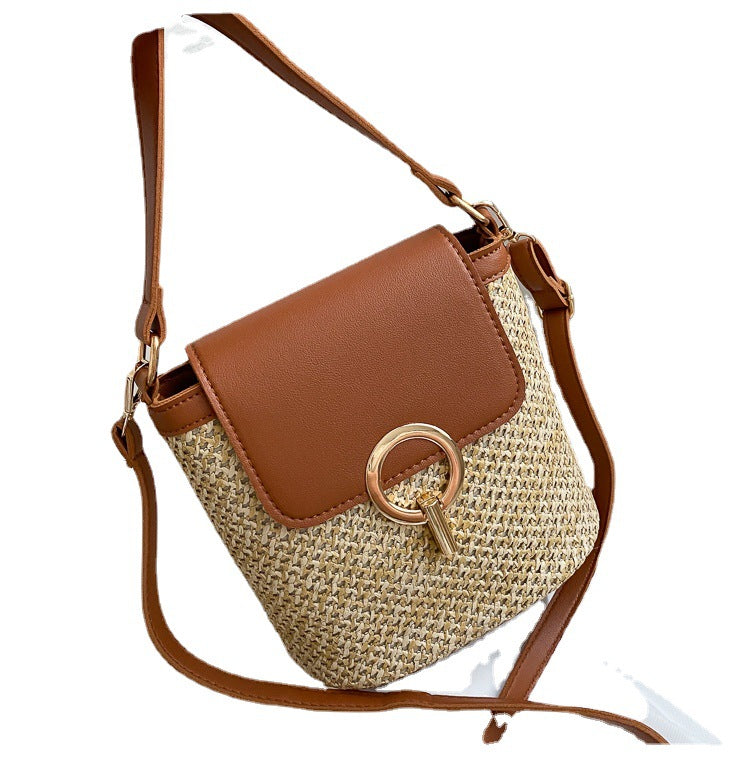 Women's Medium Straw Colour Block Basic Vacation Round Lock Clasp Shoulder Bag Crossbody Bag Straw Bag White Black Brown Green Tan