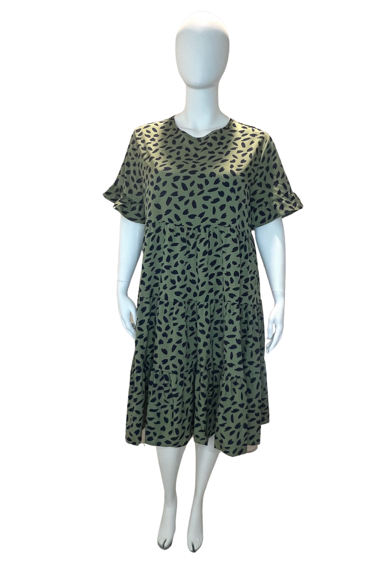 Olive or Black Relaxed fit casual crew neck with Tiered ruffle hem Dress featuring leaf animal print. Crew neckline and ruffle sleeve