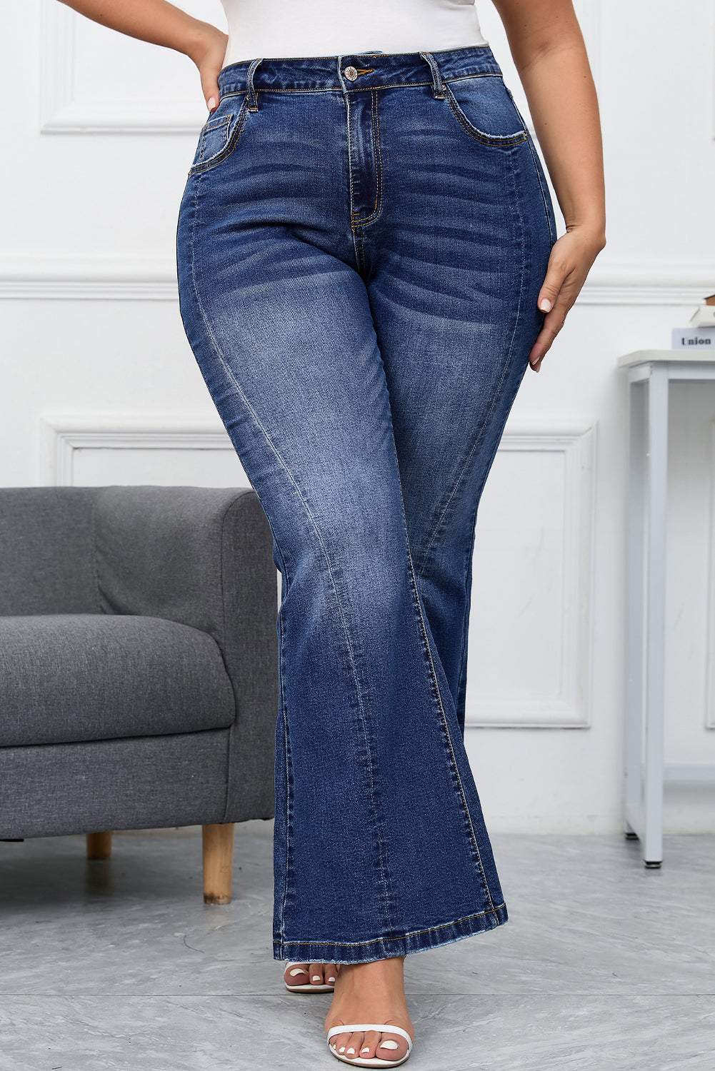 Dark Blue Faded Style Flared Leg Stretch Plus Size Jeans Womens Plus Size Denim Jeans