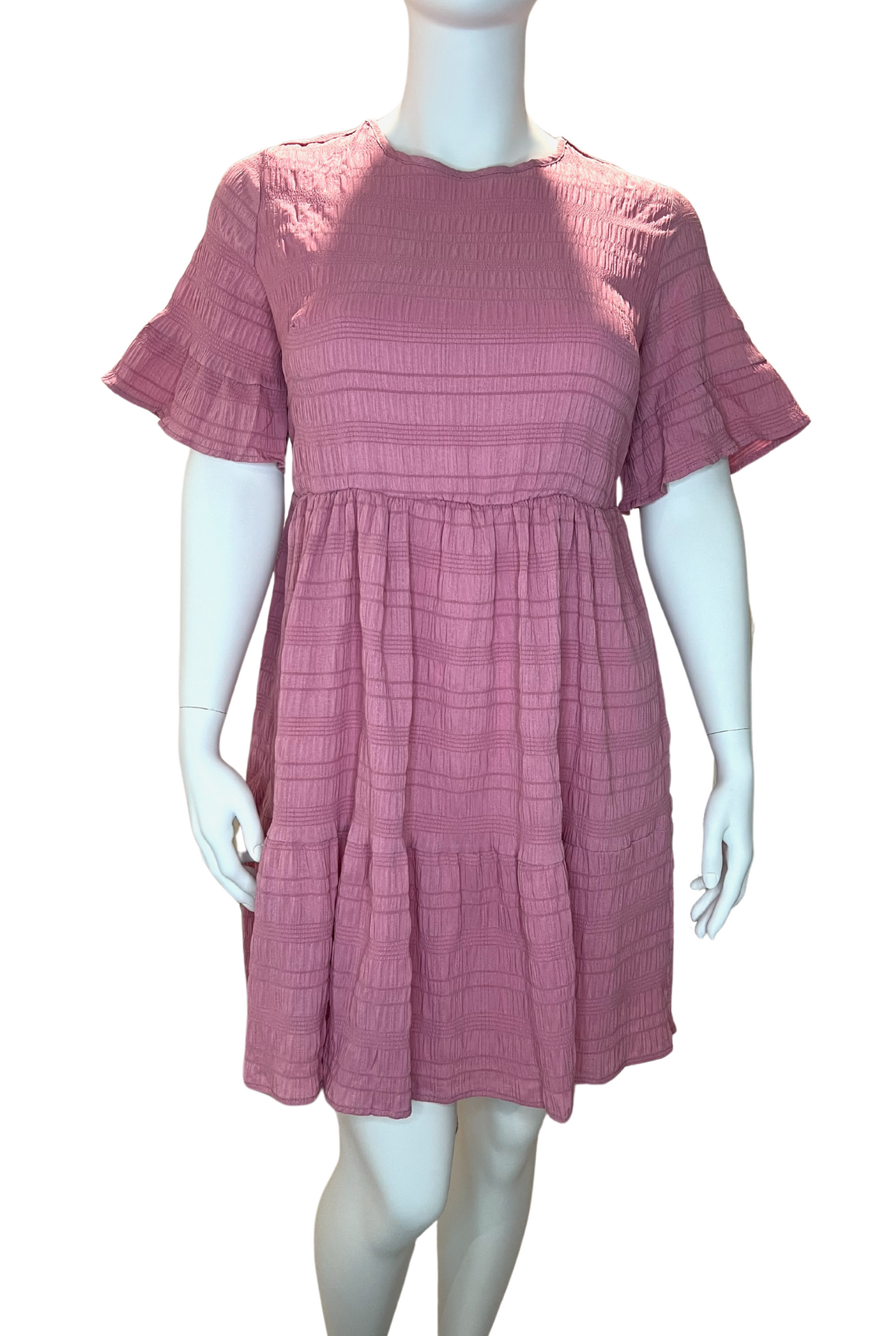 Pink Short Sleeve Midi Length Tiered Ruffle Dress, Plus Size Dress, Boho Dress