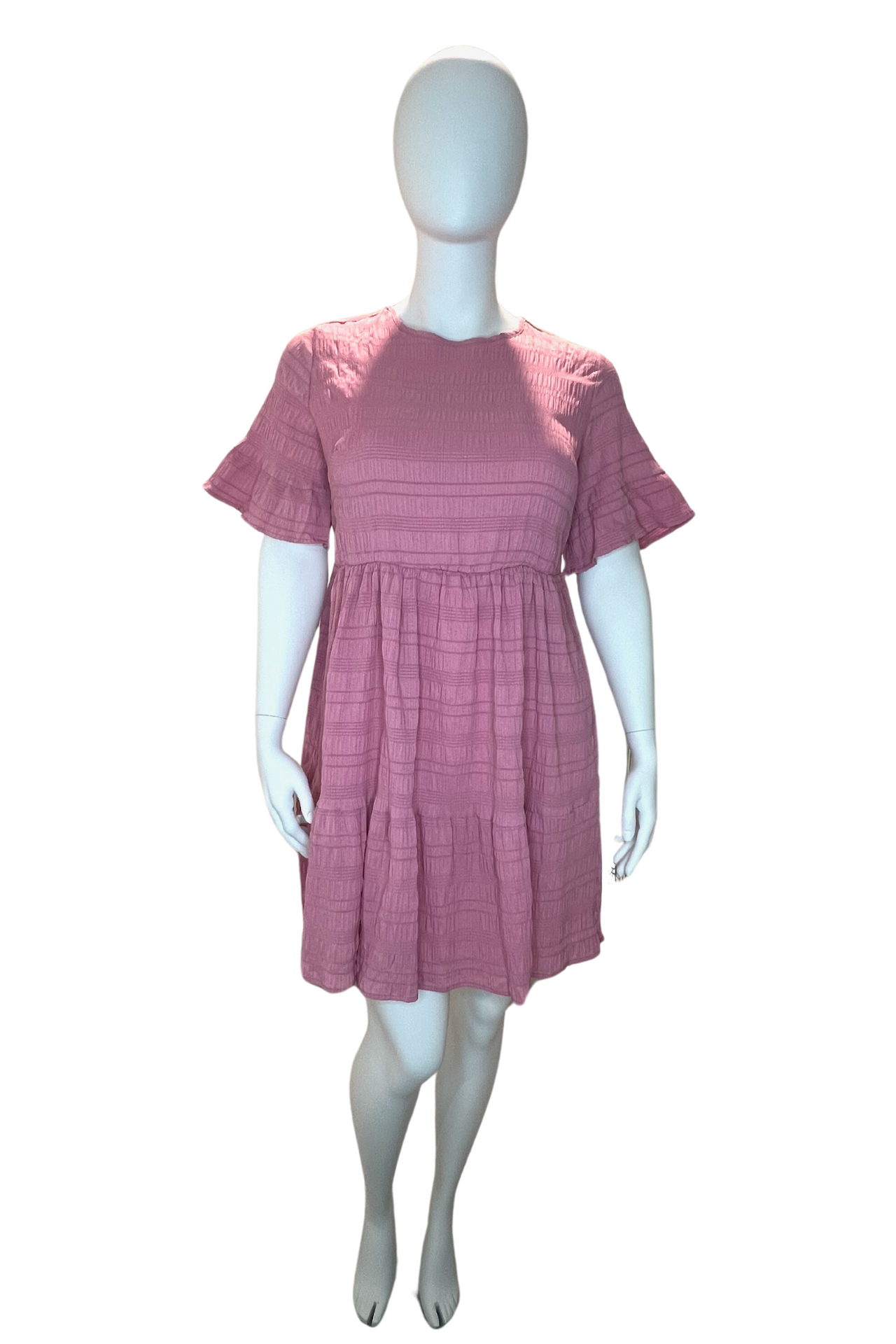 Pink Short Sleeve Midi Length Tiered Ruffle Dress, Plus Size Dress, Boho Dress