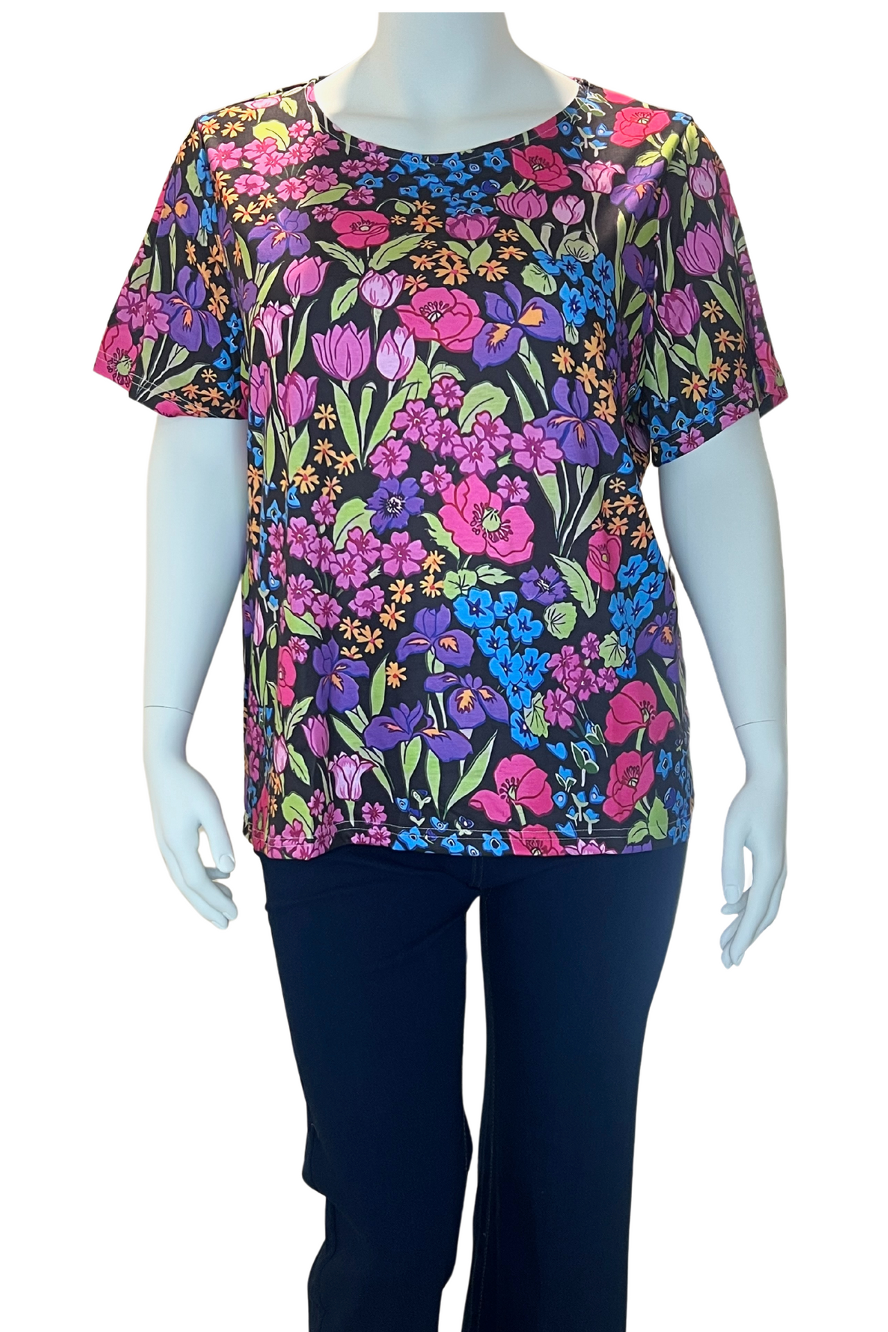 Stunning Bright Floral Print Crew Neck Plus Size Top, Short Sleeve Women's Top, Casual T-Shirt