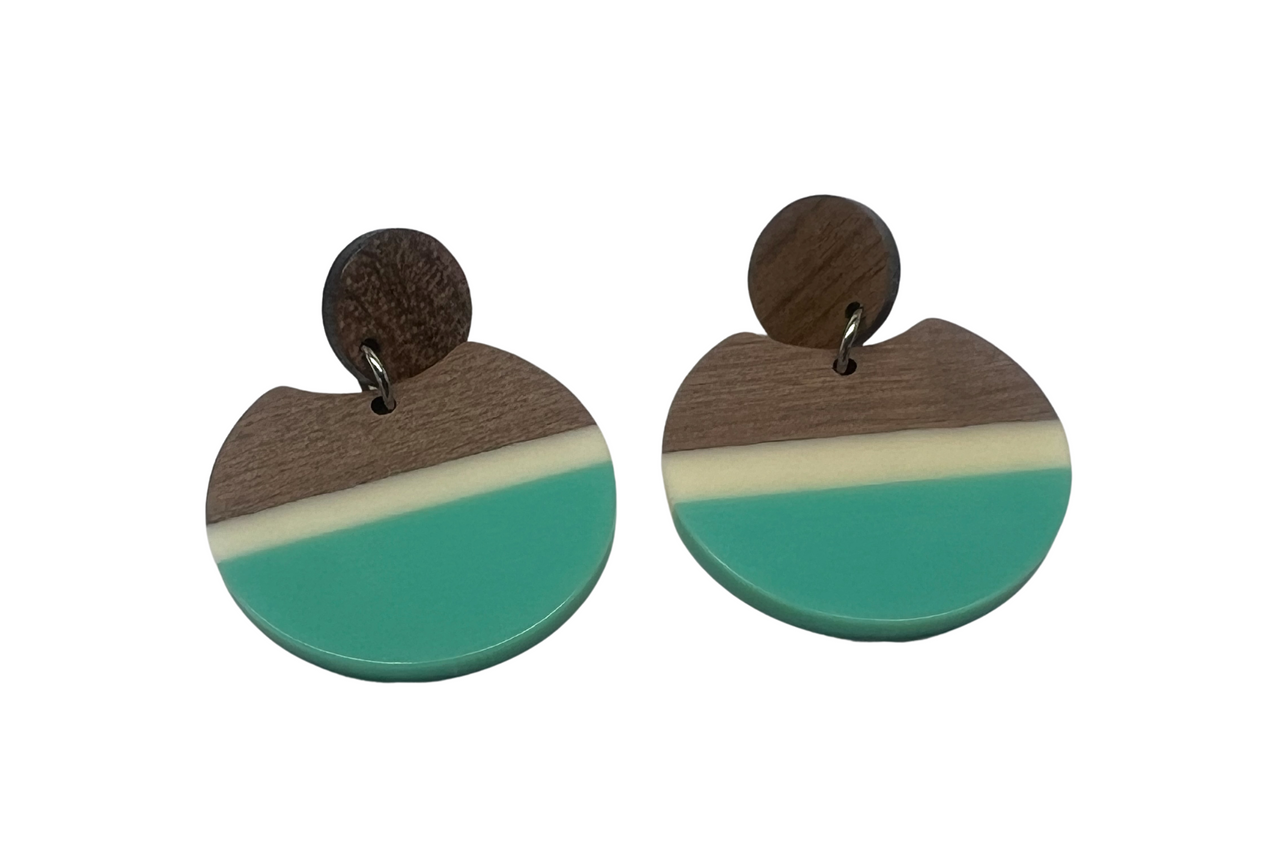 Aqua and White Stripe Wood & Resin Stud Dangle Earrings Statement Earrings Fashion Accessories