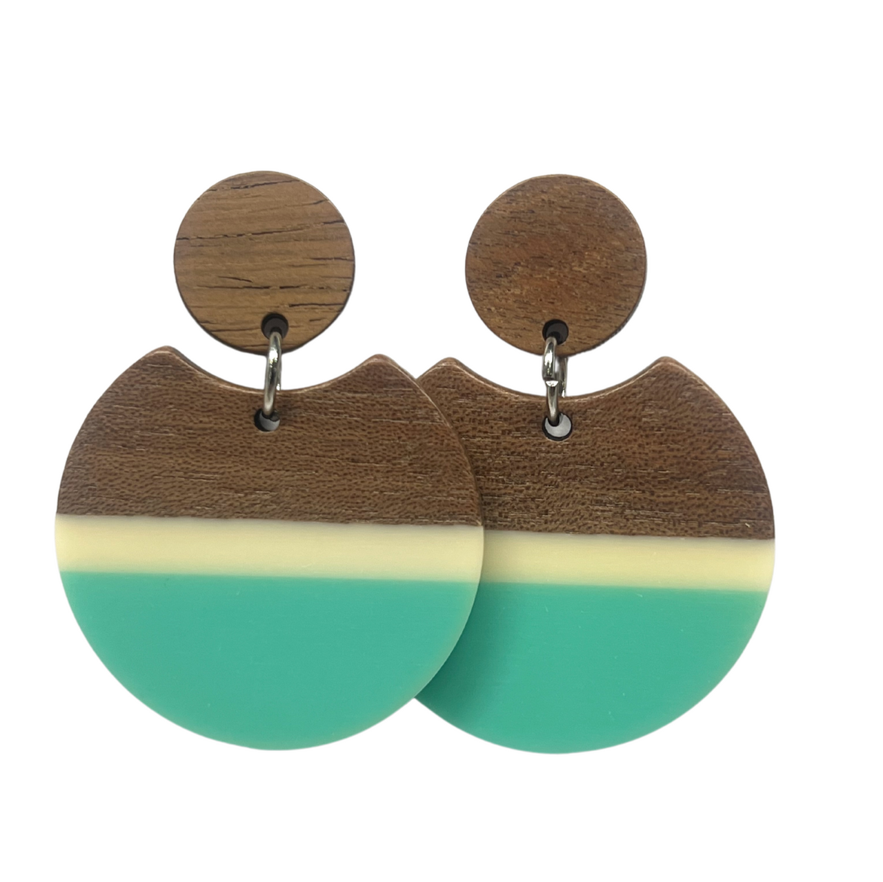 Aqua and White Stripe Wood & Resin Stud Dangle Earrings Statement Earrings Fashion Accessories