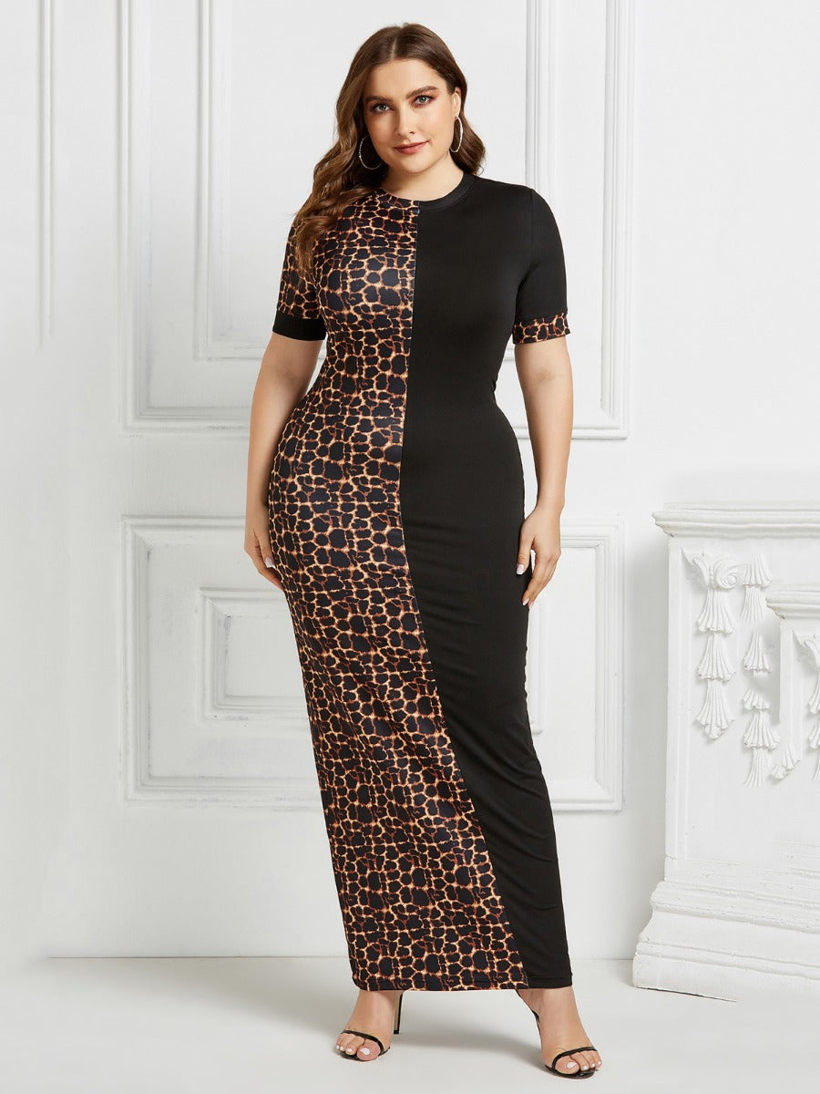 Womens Plus Size Animal Print Patterned Dress with Round Neckline